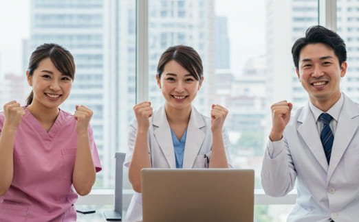 ピンクのナース服や医療系ユニフォームを着た女性2人と、スーツ姿の男性1人が笑顔でガッツポーズする場面