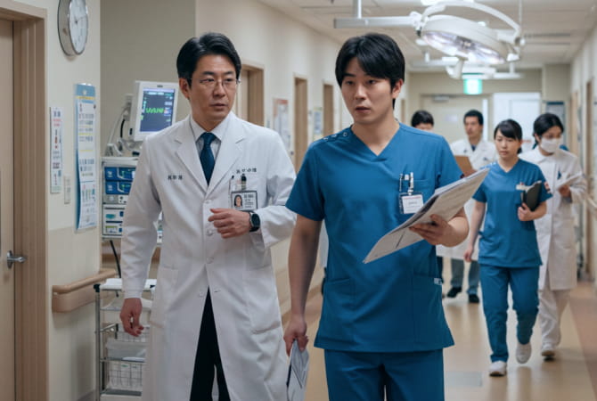 病院の廊下を歩きながら議論する医師と看護師のグループ